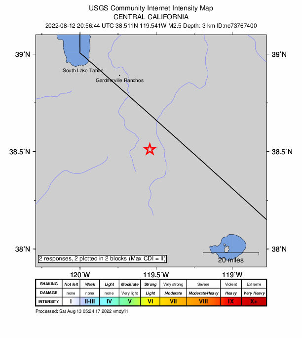 USGS DYFI community-reported intensity map for the M2.5 earthquake near 5km W of Walker, CA