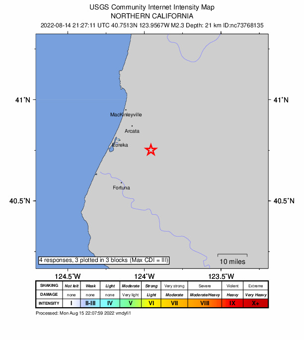 USGS DYFI community-reported intensity map for the M2.3 earthquake near 14km SE of Bayside, CA