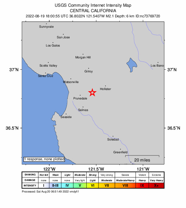 USGS DYFI community-reported intensity map for the M2.1 earthquake near 5km S of San Juan Bautista, CA