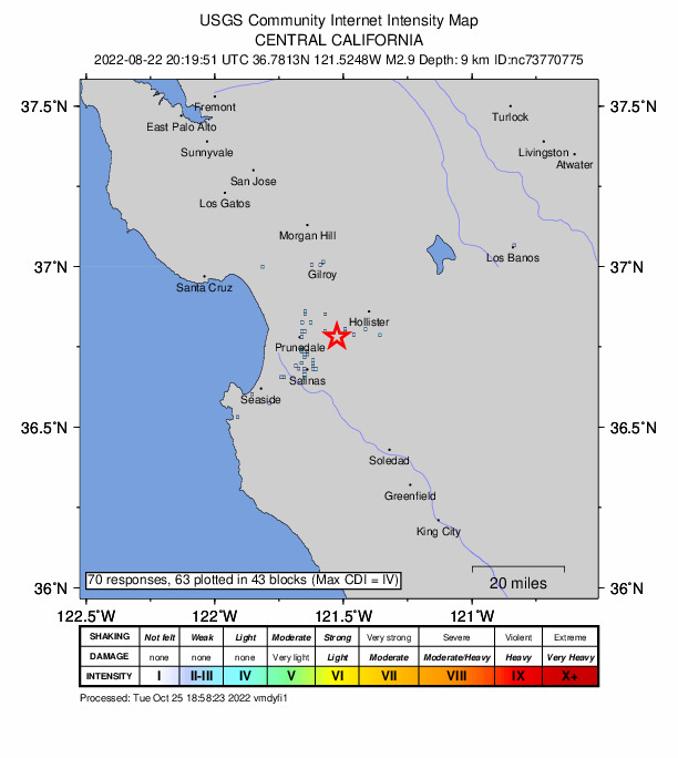 USGS DYFI community-reported intensity map for the M2.9 earthquake near 7km S of San Juan Bautista, CA