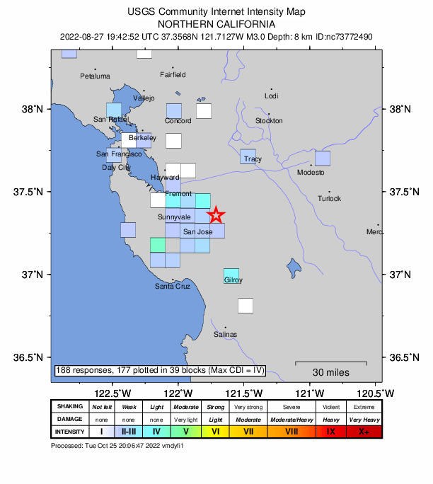 USGS DYFI community-reported intensity map for the M3.0 earthquake near 10km E of Alum Rock, CA