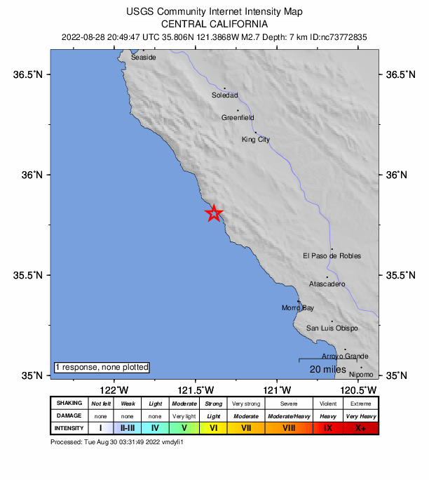 USGS DYFI community-reported intensity map for the M2.7 earthquake near 25km NW of San Simeon, CA
