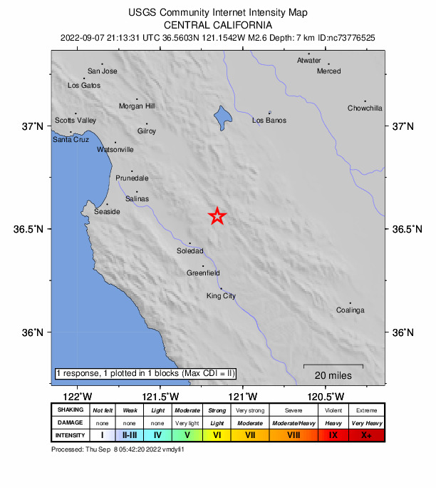 USGS DYFI community-reported intensity map for the M2.6 earthquake near 3km NNW of Pinnacles, CA