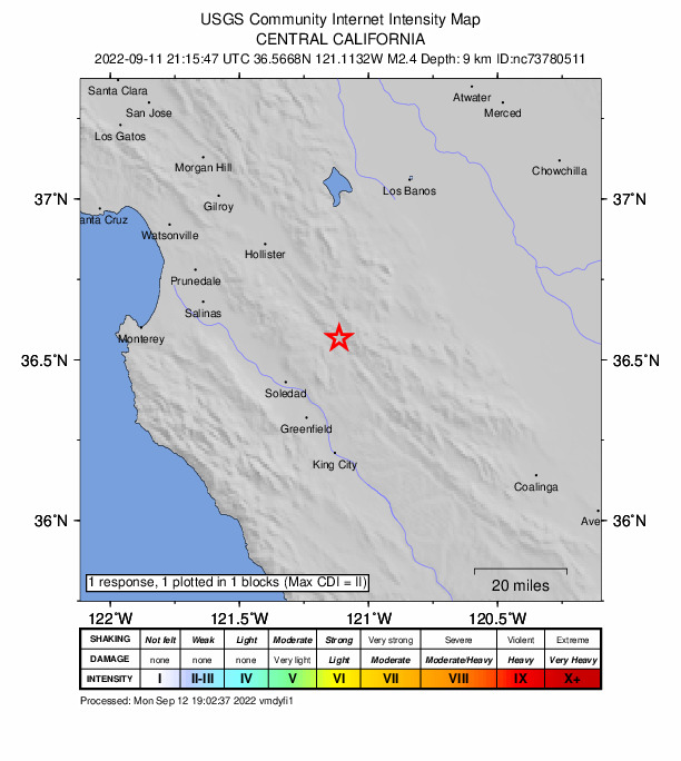 USGS DYFI community-reported intensity map for the M2.4 earthquake near 5km NE of Pinnacles, CA