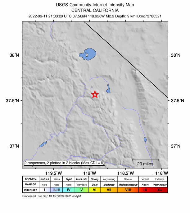 USGS DYFI community-reported intensity map for the M2.9 earthquake near 9km SSE of Mammoth Lakes, CA