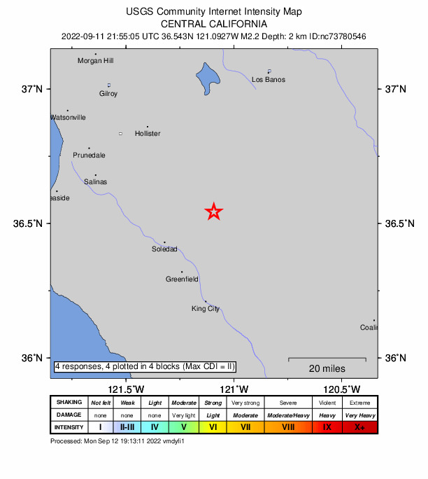 USGS DYFI community-reported intensity map for the M2.2 earthquake near 5km ENE of Pinnacles, CA