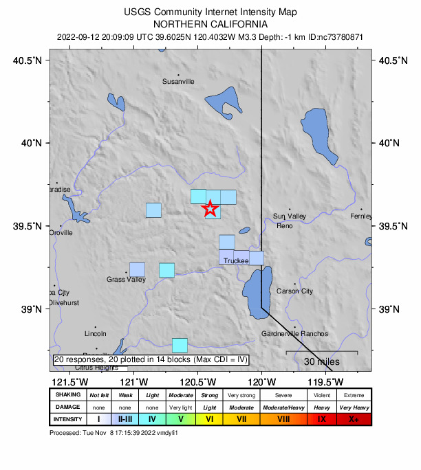 USGS DYFI community-reported intensity map for the M3.3 earthquake near 16km WSW of Loyalton, CA