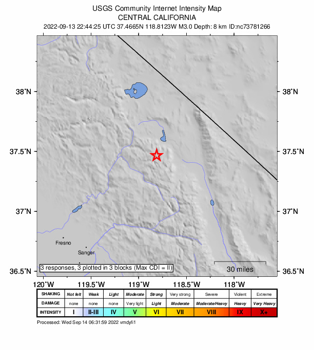 USGS DYFI community-reported intensity map for the M3.0 earthquake near 16km SW of Toms Place, CA