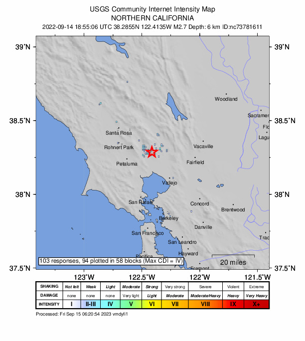 USGS DYFI community-reported intensity map for the M2.7 earthquake near 4km E of Sonoma, CA