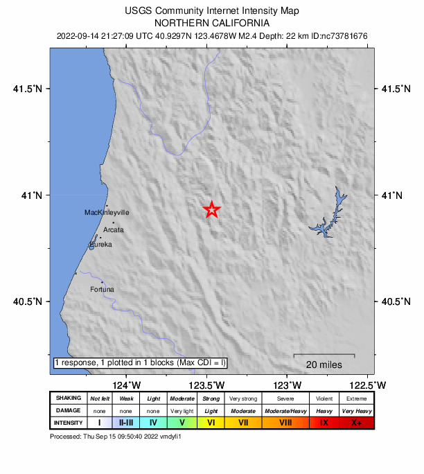 USGS DYFI community-reported intensity map for the M2.4 earthquake near 14km E of Willow Creek, CA