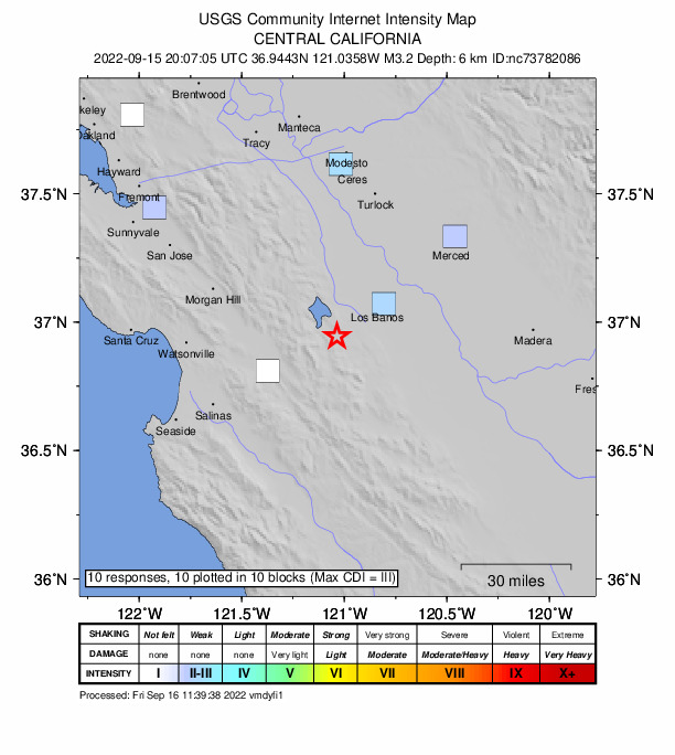 USGS DYFI community-reported intensity map for the M3.3 earthquake near 21km SW of Los Banos, CA