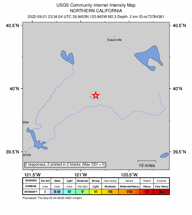 USGS DYFI community-reported intensity map for the M2.3 earthquake near 5km ENE of East Quincy, CA