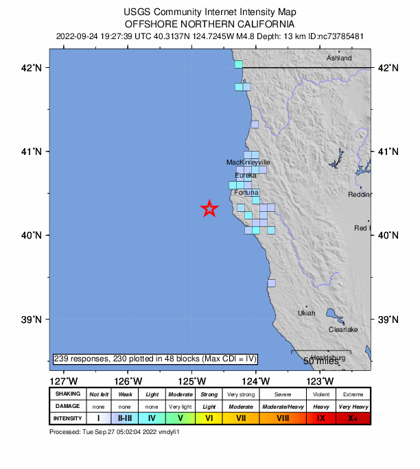 USGS DYFI community-reported intensity map for the M4.8 earthquake near 37km W of Petrolia, CA