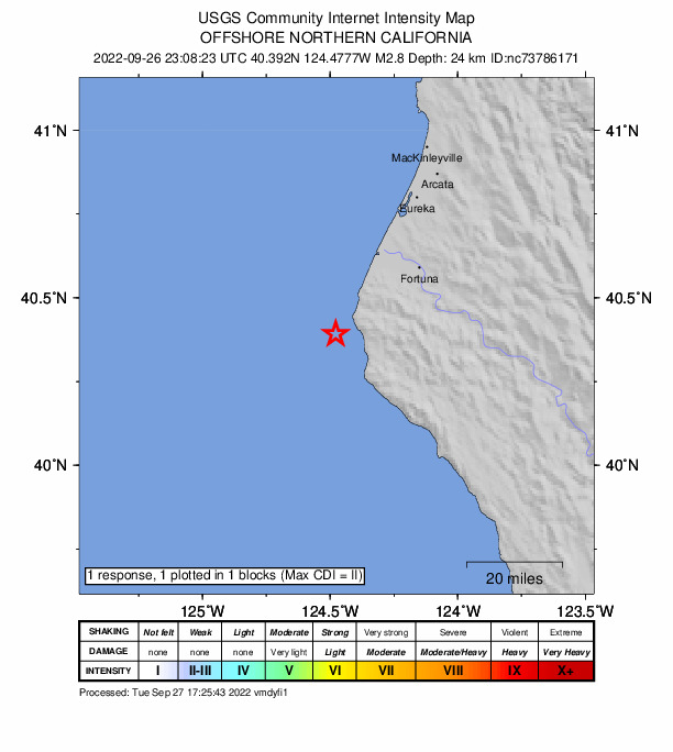 USGS DYFI community-reported intensity map for the M2.8 earthquake near 18km WNW of Petrolia, CA