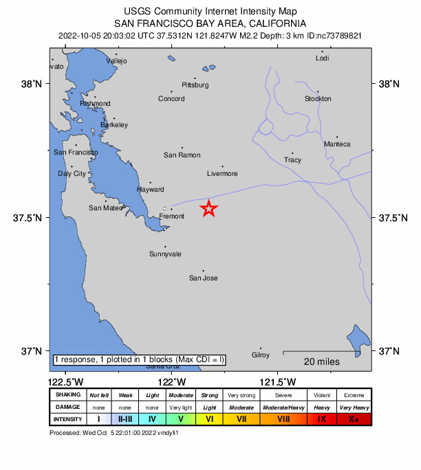 USGS DYFI community-reported intensity map for the M2.2 earthquake near 10km SE of Sunol, CA