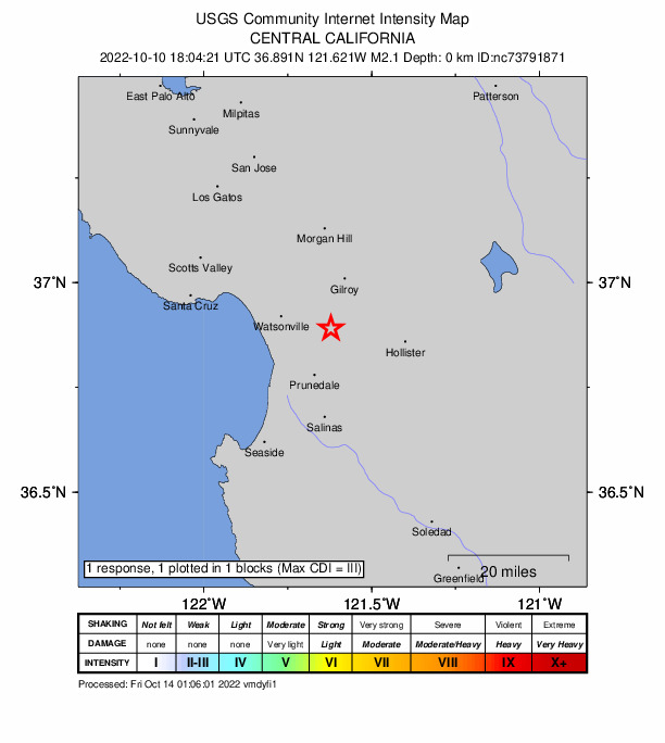 USGS DYFI community-reported intensity map for the M2.1 earthquake near 2km E of Aromas, CA