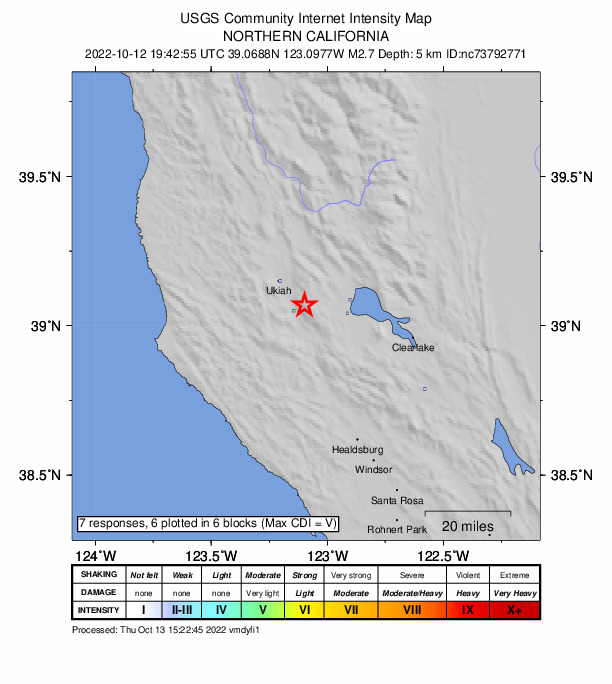 USGS DYFI community-reported intensity map for the M2.7 earthquake near 9km SE of Talmage, CA