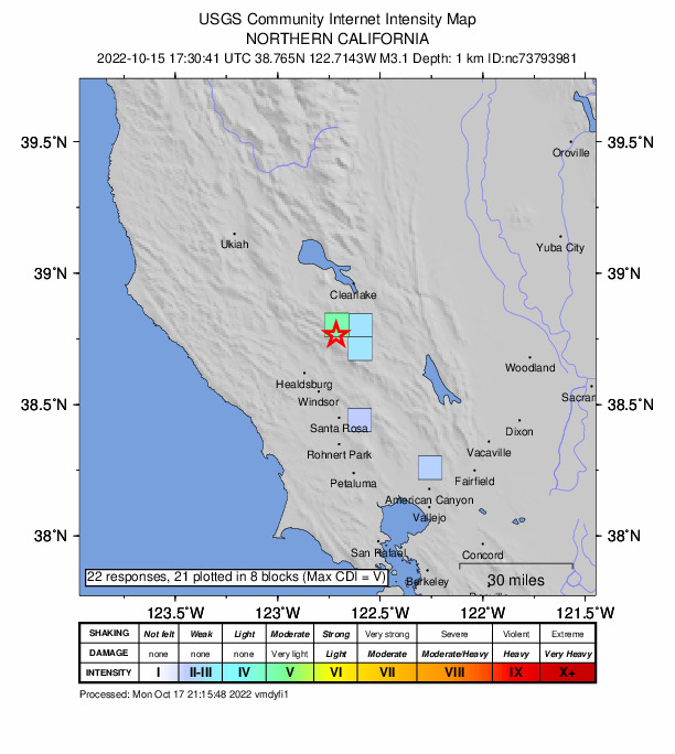 USGS DYFI community-reported intensity map for the M3.1 earthquake near 2km WSW of Anderson Springs, CA