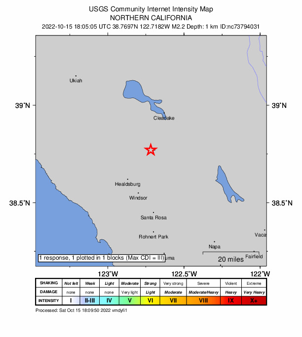 USGS DYFI community-reported intensity map for the M2.1 earthquake near 2km SW of Anderson Springs, CA