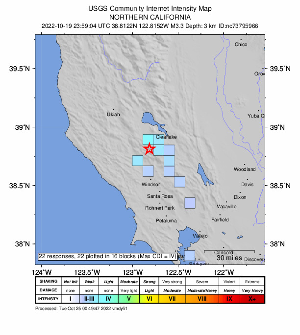 USGS DYFI community-reported intensity map for the M3.3 earthquake near 6km NW of The Geysers, CA