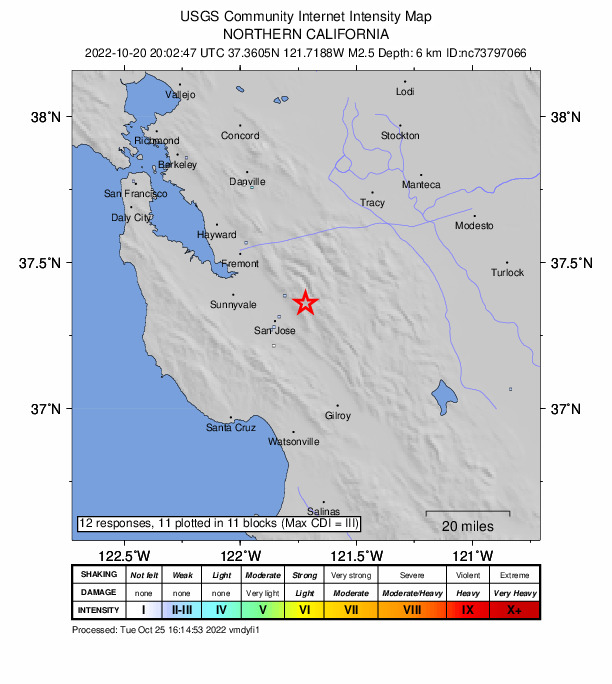 USGS DYFI community-reported intensity map for the M2.5 earthquake near 10km E of Alum Rock, CA