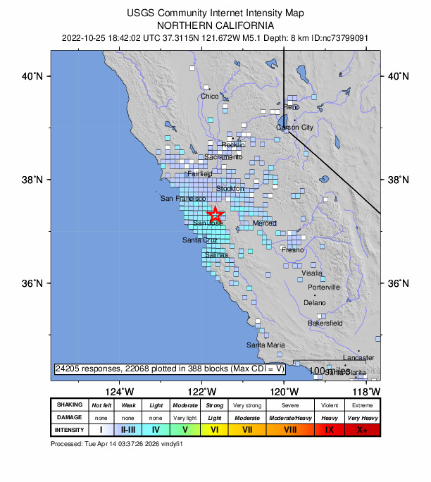 USGS DYFI community-reported intensity map for the M5.1 earthquake near 15km ESE of Alum Rock, CA