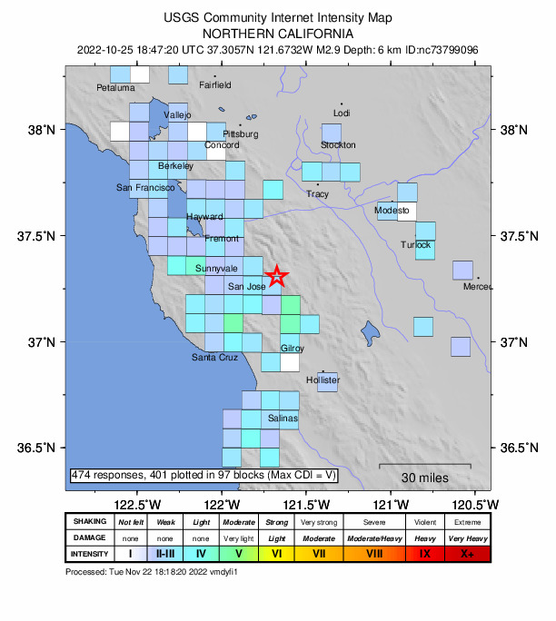 USGS DYFI community-reported intensity map for the M2.9 earthquake near 15km E of Seven Trees, CA