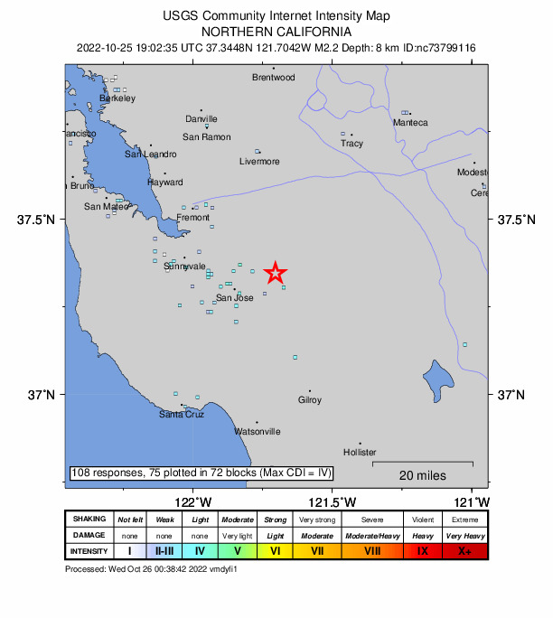 USGS DYFI community-reported intensity map for the M2.2 earthquake near 11km ESE of Alum Rock, CA
