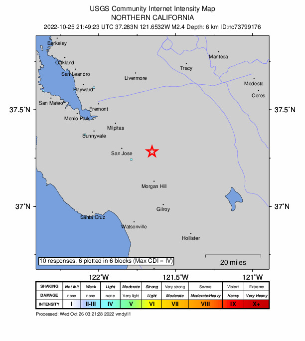 USGS DYFI community-reported intensity map for the M2.4 earthquake near 16km E of Seven Trees, CA