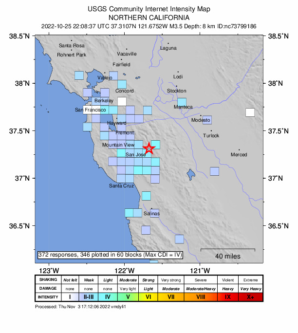 USGS DYFI community-reported intensity map for the M3.5 earthquake near 15km E of Seven Trees, CA