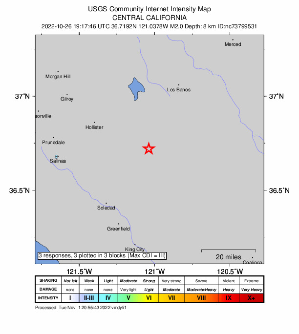 USGS DYFI community-reported intensity map for the M2.0 earthquake near 23km NNE of Pinnacles, CA