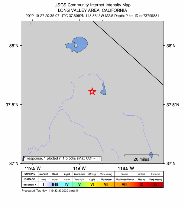 USGS DYFI community-reported intensity map for the M2.5 earthquake near 11km ESE of Mammoth Lakes, CA