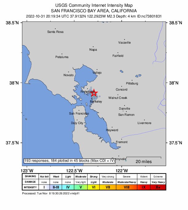 USGS DYFI community-reported intensity map for the M2.3 earthquake near 1km WNW of Kensington, CA