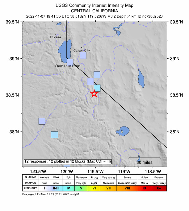 USGS DYFI community-reported intensity map for the M3.2 earthquake near 4km W of Walker, CA