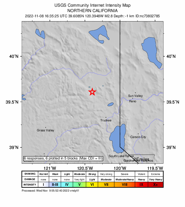 USGS DYFI community-reported intensity map for the M2.8 earthquake near 15km WSW of Loyalton, CA