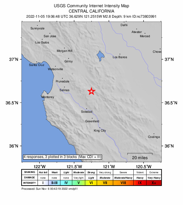 USGS DYFI community-reported intensity map for the M2.8 earthquake near 14km NW of Pinnacles, CA
