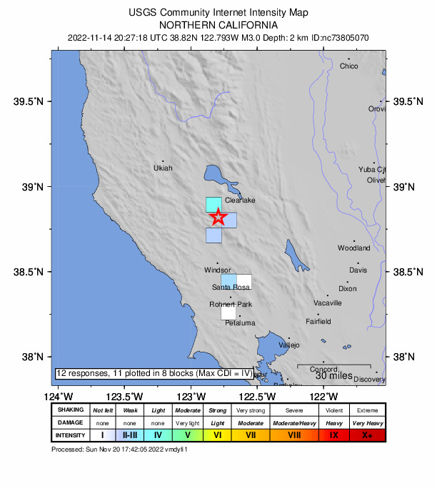 USGS DYFI community-reported intensity map for the M3.0 earthquake near 6km NNW of The Geysers, CA