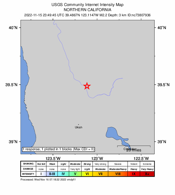 USGS DYFI community-reported intensity map for the M2.2 earthquake near 16km WNW of Lake Pillsbury, CA