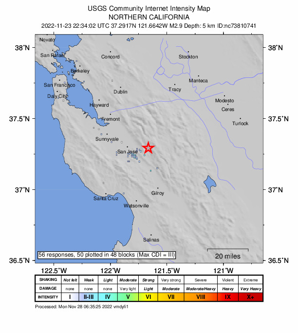 USGS DYFI community-reported intensity map for the M2.9 earthquake near 15km E of Seven Trees, CA