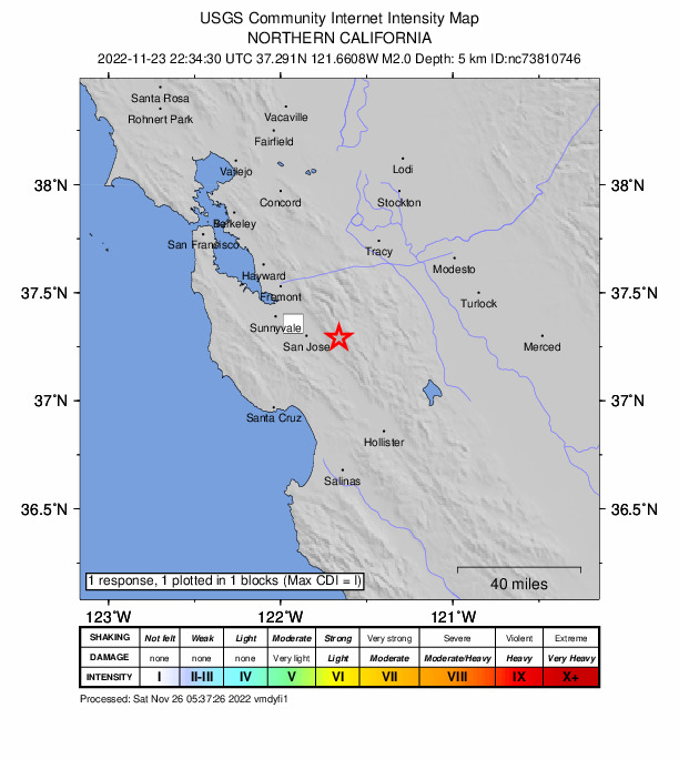 USGS DYFI community-reported intensity map for the M2.0 earthquake near 16km E of Seven Trees, CA