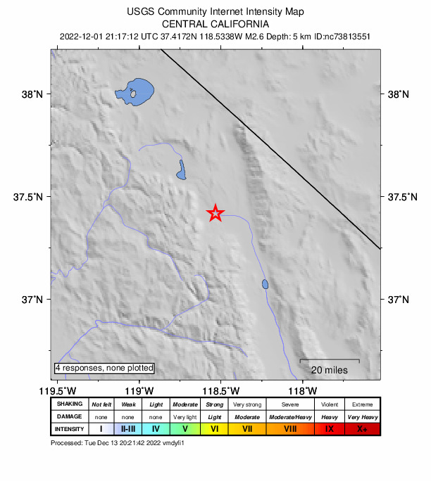 USGS DYFI community-reported intensity map for the M2.6 earthquake near 6km E of Round Valley, CA
