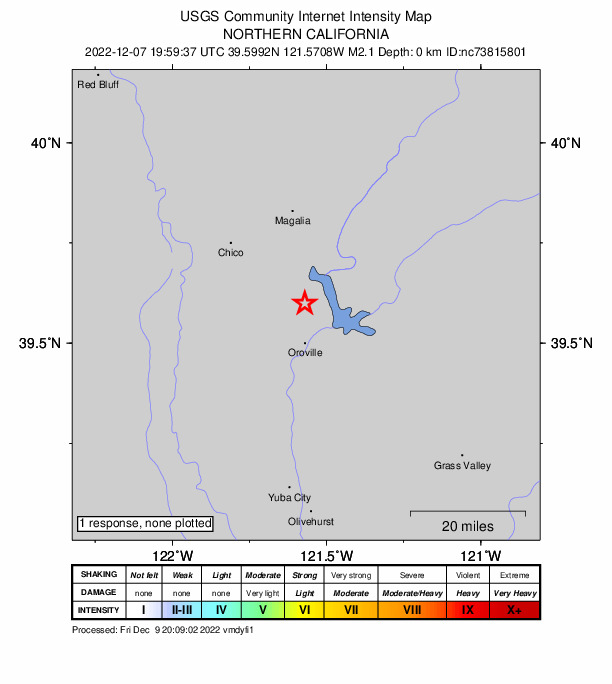 USGS DYFI community-reported intensity map for the M2.1 earthquake near 10km N of Oroville, CA