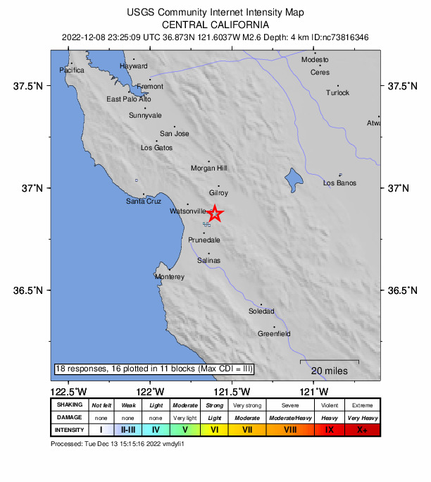 USGS DYFI community-reported intensity map for the M2.6 earthquake near 4km ESE of Aromas, CA