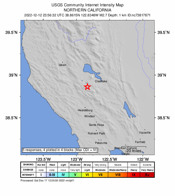 USGS DYFI community-reported intensity map for the M2.7 earthquake near 11km WNW of Cobb, CA