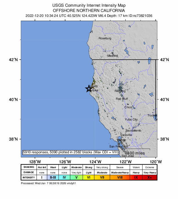 USGS DYFI community-reported intensity map for the M6.4 earthquake near 15km WSW of Ferndale, CA