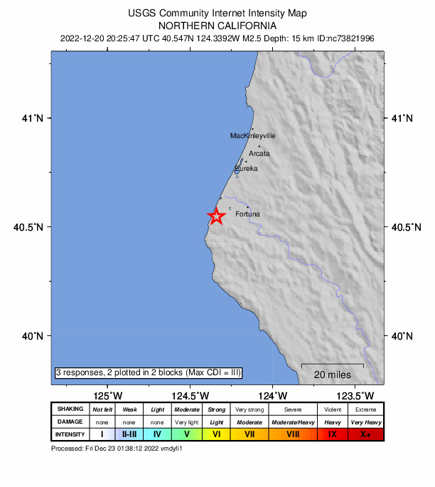 USGS DYFI community-reported intensity map for the M2.5 earthquake near 7km WSW of Ferndale, CA