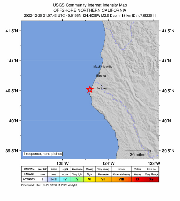 USGS DYFI community-reported intensity map for the M2.0 earthquake near 13km WSW of Ferndale, CA