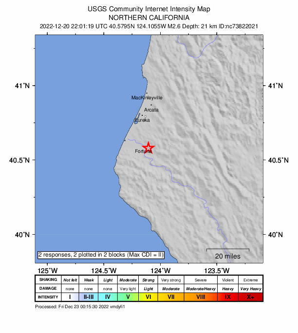 USGS DYFI community-reported intensity map for the M2.6 earthquake near 4km N of Hydesville, CA