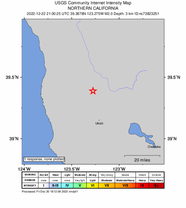 USGS DYFI community-reported intensity map for the M2.0 earthquake near 7km ESE of Willits, CA