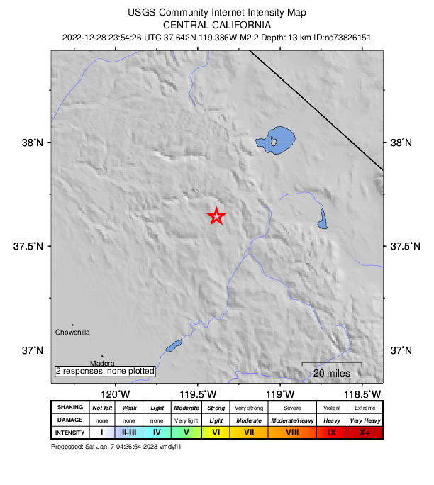 USGS DYFI community-reported intensity map for the M2.2 earthquake near 20km ESE of Yosemite Valley, CA